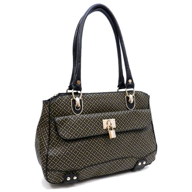 ALBA polka signature print satchel Bag Purse Black Golden lock embossed FM241