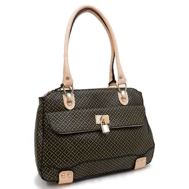 ALBA lock polka signature print satchel Bag Purse Black ivy embossed FM241