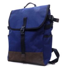 Load image into Gallery viewer, Canvas L backpack Bag Navy Blue flap over I Pad laptop form Pockets belt Blanc