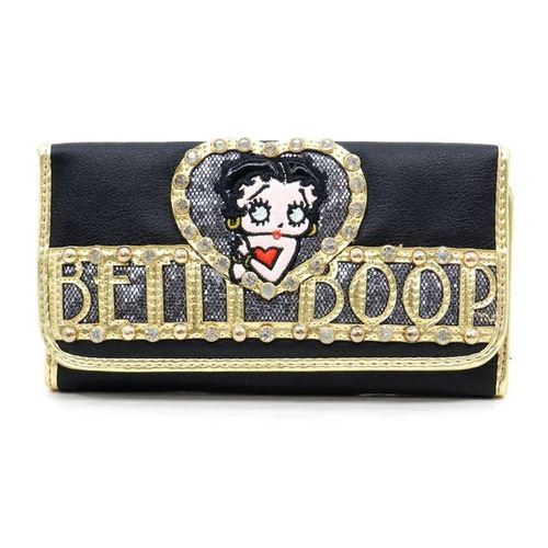 Betty Boop Golden Ribbon Silver Glitter Studs Rhinestone Women Checkbook Wallet
