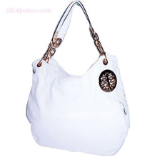 Cargar imagen en el visor de la galería, Bolso bandolera con cadena y medallón estilo hobo, color rosa y fucsia inspirado en el diseñador