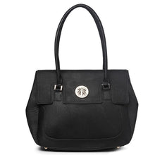 Cargar imagen en el visor de la galería, Bolso tipo cartera con medallón y diseño floral dorado, color negro y bolsillos con solapa