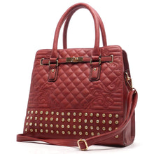 Cargar imagen en el visor de la galería, Bolso de hombro acolchado con cierre giratorio y diseño inspirado en el diseñador con tachuelas de diamantes de imitación