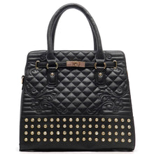 Cargar imagen en el visor de la galería, Bolso de hombro acolchado con cierre giratorio y diseño inspirado en el diseñador con tachuelas de diamantes de imitación