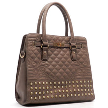 Cargar imagen en el visor de la galería, Bolso de hombro acolchado con cierre giratorio y diseño inspirado en el diseñador con tachuelas de diamantes de imitación