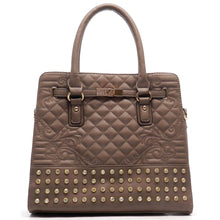 Cargar imagen en el visor de la galería, Bolso de hombro acolchado con cierre giratorio y diseño inspirado en el diseñador con tachuelas de diamantes de imitación