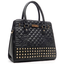Cargar imagen en el visor de la galería, Bolso de hombro acolchado con cierre giratorio y diseño inspirado en el diseñador con tachuelas de diamantes de imitación