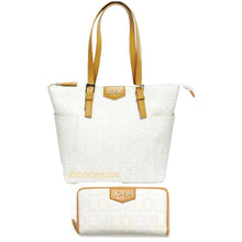 Cargar imagen en el visor de la galería, Conjunto de cartera y bolso de mano con estampado de la firma LOEM, color negro y bolsillos de diseñador