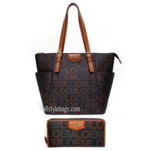 Cargar imagen en el visor de la galería, Conjunto de cartera y bolso de mano con estampado de la firma LOEM, color negro y bolsillos de diseñador