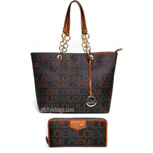 Cargar imagen en el visor de la galería, Conjunto de cartera y bolso de mano con estampado de la firma LOEM, cadena dorada, diseño interior