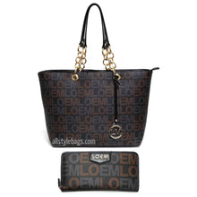 Cargar imagen en el visor de la galería, Conjunto de cartera y bolso de mano con estampado de la firma LOEM, cadena dorada, diseño interior