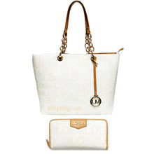 Cargar imagen en el visor de la galería, Conjunto de cartera y bolso de mano con estampado de la firma LOEM, cadena dorada, diseño interior