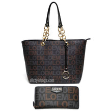Cargar imagen en el visor de la galería, Conjunto de cartera y bolso de mano con estampado de la firma LOEM, cadena dorada, diseño interior