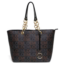 Cargar imagen en el visor de la galería, Conjunto de cartera y bolso de mano con estampado de la firma LOEM, cadena dorada, diseño interior