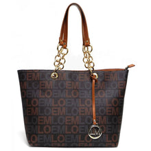 Cargar imagen en el visor de la galería, Conjunto de cartera y bolso de mano con estampado de la firma LOEM, cadena dorada, diseño interior