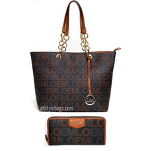 Cargar imagen en el visor de la galería, Conjunto de cartera y bolso de mano con estampado de la firma LOEM, cadena dorada, diseño interior