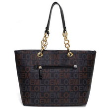 Cargar imagen en el visor de la galería, Bolso de mano con estampado de la firma LOEM, bandolera con cadena dorada inspirada en el diseñador