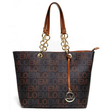 Cargar imagen en el visor de la galería, Bolso de mano con estampado de la firma LOEM, bandolera con cadena dorada inspirada en el diseñador