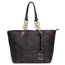 Cargar imagen en el visor de la galería, Bolso de mano con estampado de la firma LOEM, bandolera con cadena dorada inspirada en el diseñador