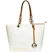 Cargar imagen en el visor de la galería, Bolso de mano con estampado de la firma LOEM, bandolera con cadena dorada inspirada en el diseñador