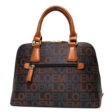 Cargar imagen en el visor de la galería, Bolso de mano de hombro trapezoidal con estampado de la firma LOEM, color negro y dorado