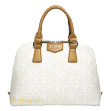 Cargar imagen en el visor de la galería, Bolso de mano de hombro trapezoidal con estampado de la firma LOEM, color negro y dorado