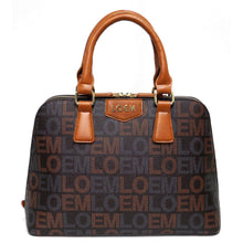 Cargar imagen en el visor de la galería, Bolso de mano de hombro trapezoidal con estampado de la firma LOEM, color negro y dorado