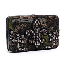 Cargar imagen en el visor de la galería, Cartera de lona Fleur De Lis con marco de camuflaje occidental en forma de L con tachuelas y diamantes de imitación para mujer