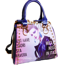 Load image into Gallery viewer, Bling Magazine cover Print sliding zip golden frame red shoulder Bag rhinestones