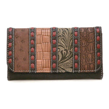 Load image into Gallery viewer, Designer inspired silverake brown tan pup strip patchwork woman checkbook L wall