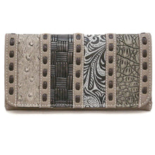 Cargar imagen en el visor de la galería, Cartera de mujer con diseño inspirado en el diseñador, con diseño de talonario de cheques en gris plateado y rayas de parches
