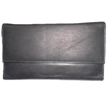 Cargar imagen en el visor de la galería, Cartera de cuero genuino negra de inspiración diseñadora con tres pliegues para tarjetas de crédito, billetes y bolsillos para mujer