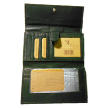 Cargar imagen en el visor de la galería, Cartera de cuero genuino negra de inspiración diseñadora con tres pliegues para tarjetas de crédito, billetes y bolsillos para mujer