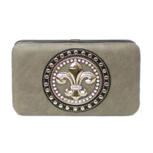 Cargar imagen en el visor de la galería, Cartera de mano con tachuelas metálicas y diamantes de imitación Fleur De Lis para mujer, tarjetero, billetes, WLP