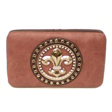 Cargar imagen en el visor de la galería, Cartera de mano con tachuelas metálicas y diamantes de imitación Fleur De Lis para mujer, tarjetero, billetes, WLP