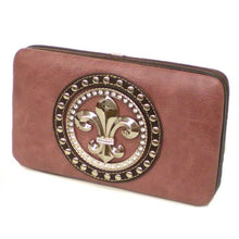Cargar imagen en el visor de la galería, Cartera de mano con tachuelas metálicas y diamantes de imitación Fleur De Lis para mujer, tarjetero, billetes, WLP