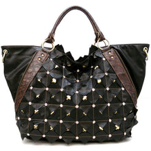 Cargar imagen en el visor de la galería, Bolso de hombro XL con cremallera de doble capa y tachuelas doradas, inspirado en el diseñador de diamantes de imitación