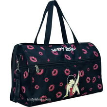 Cargar imagen en el visor de la galería, Bolso de viaje Betty Boop de lona negra de 19" de largo con bolsillos laterales y bolsillos laterales