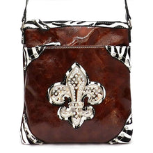 Load image into Gallery viewer, Brown Fleur De Lis zebra print crossbody Messenger Bag pockets Designer Inspired