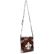 Load image into Gallery viewer, Brown Fleur De Lis zebra print crossbody Messenger Bag pockets Designer Inspired