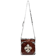 Load image into Gallery viewer, Brown Fleur De Lis zebra print crossbody Messenger Bag pockets Designer Inspired