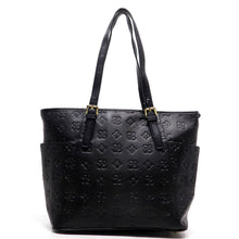 Cargar imagen en el visor de la galería, ES Bolso de mano con bolsillos tipo cartera para mujer, de color negro, con firma, con relieve