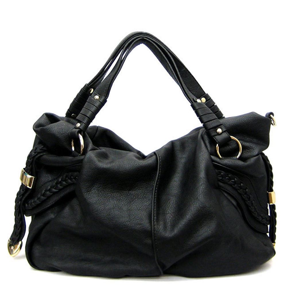 Black Woven Dual Handle Pockets L shoulder Satchel Bag Handbag Designer Inspired