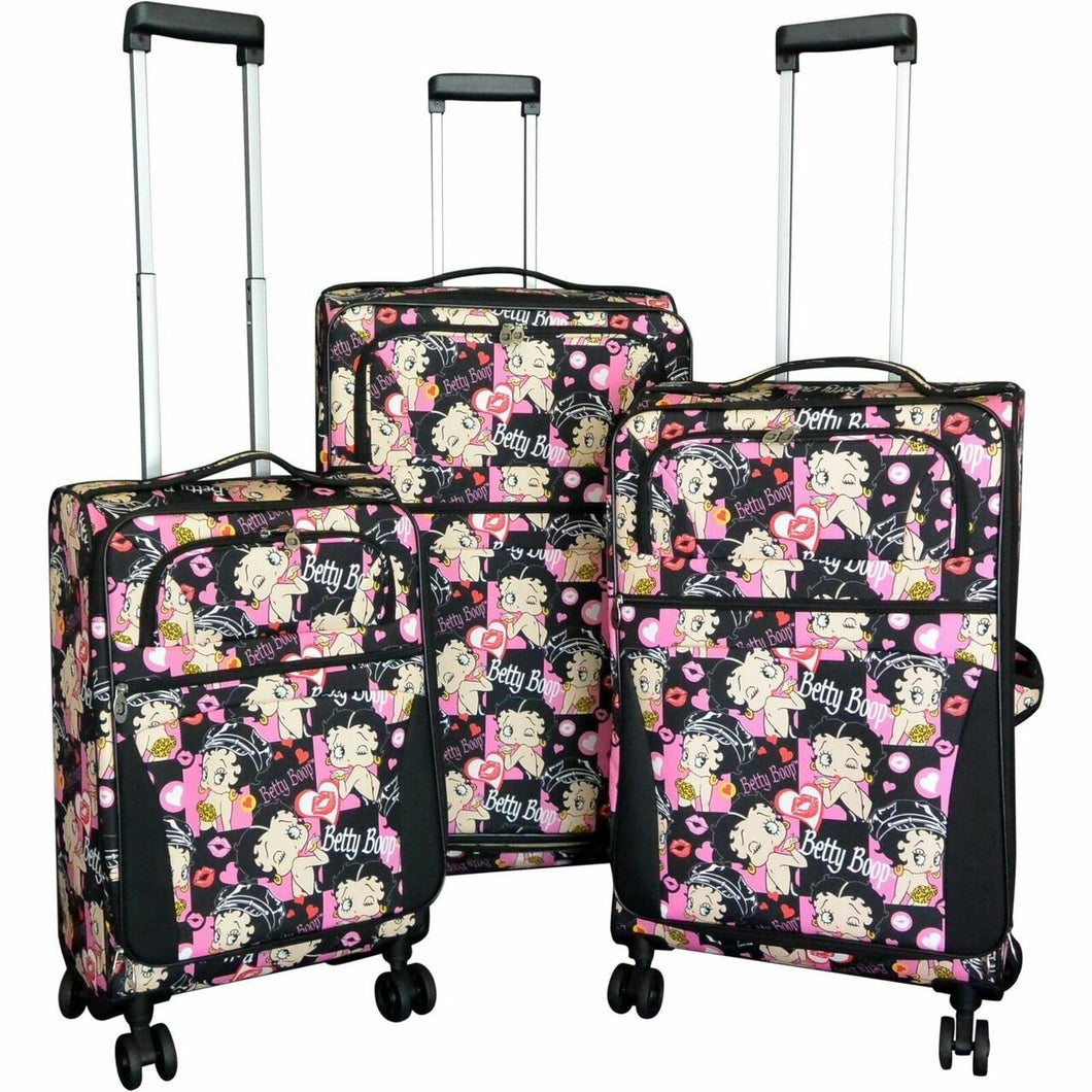 Betty Boop 3pcs Set canvas Luggage 4 pairs rolling Spinning Wheels black pink