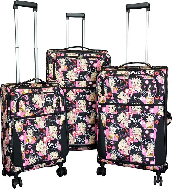 Boop 3pcs Set canvas Luggage 4 pairs rolling Spinning Wheels pink grey  angels