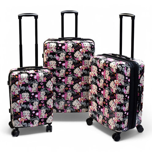 Betty Boop 3pcs Set canvas hard Luggage 4 pairs rolling Spinning Wheels pink black