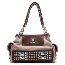 Load image into Gallery viewer, color block Grey pocket satchel Bag Handbag Rhinestone metal Chain purse brown
