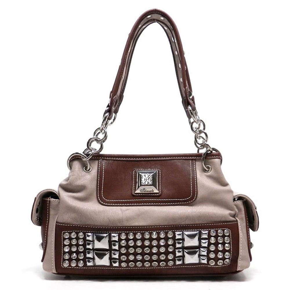 color block Grey pocket satchel Bag Handbag Rhinestone metal Chain purse brown
