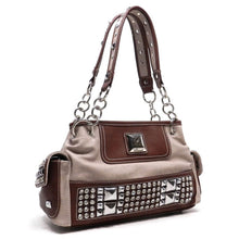 Load image into Gallery viewer, color block Grey pocket satchel Bag Handbag Rhinestone metal Chain purse brown
