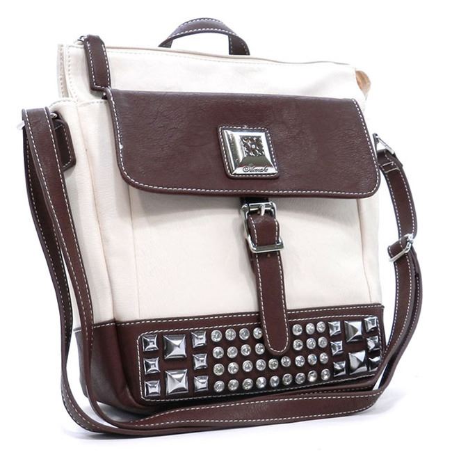Cross-body Pockets Messenger Bag beige brown rhinestone Studs designer inspired